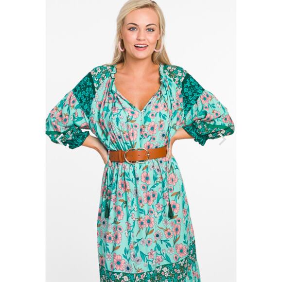 Umgee Medium Green FLoral Boho Cottage Tiered Maxi Dress Flowy Feminine - Picture 5 of 14